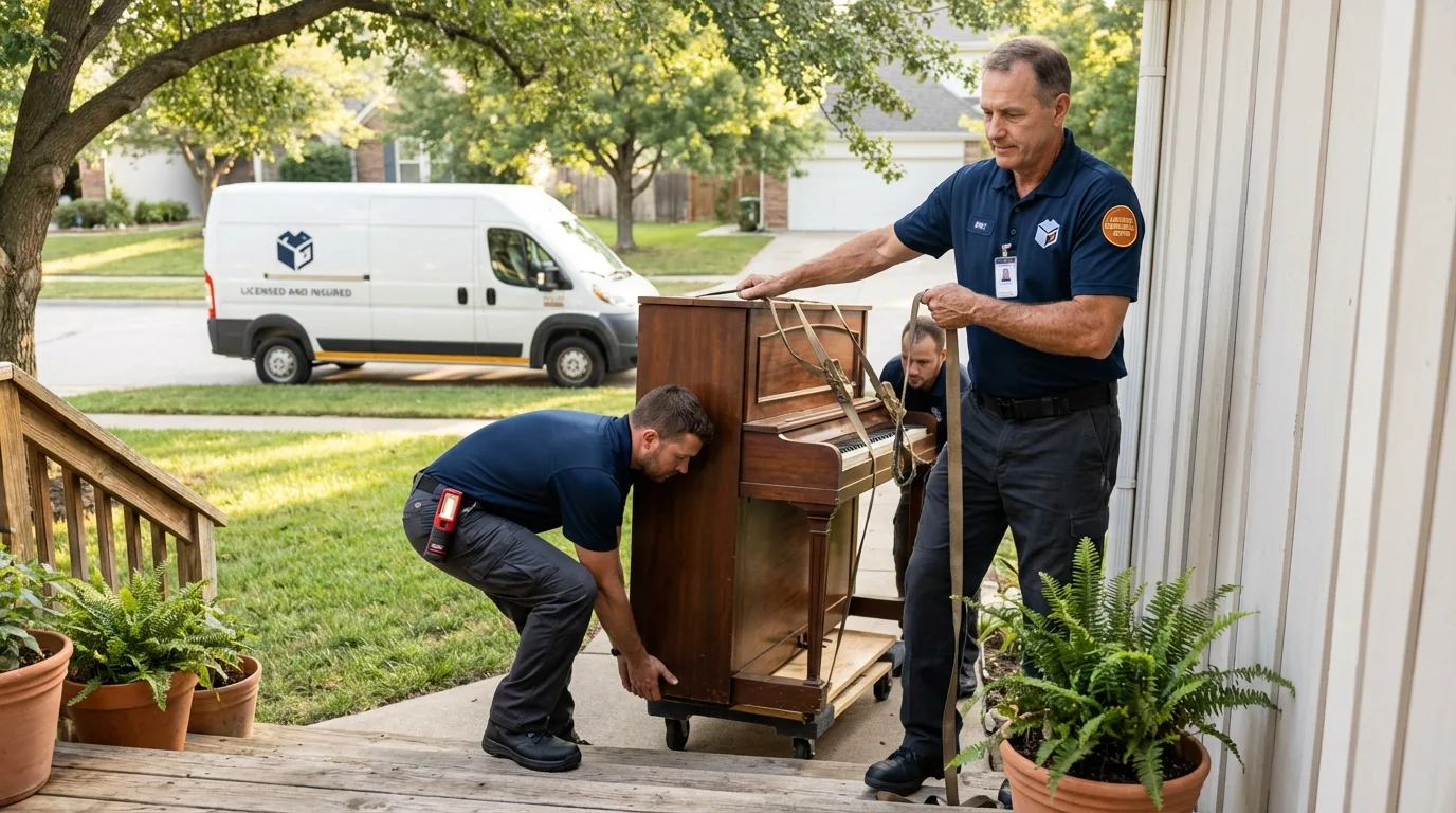 Licensed piano movers securing grand piano in Grand Blanc, MI