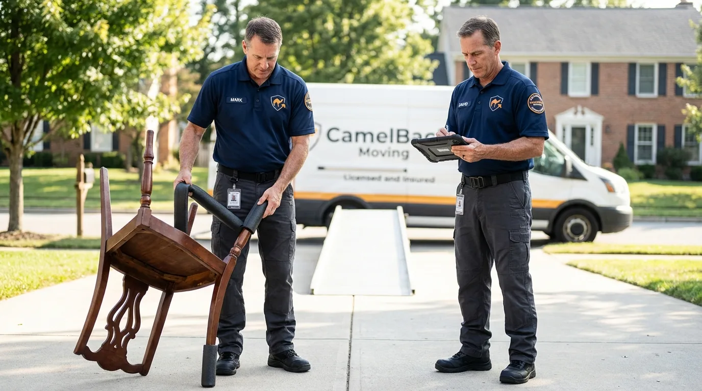 Movers inspecting furniture for damage prevention before loading in Grand Blanc, MI