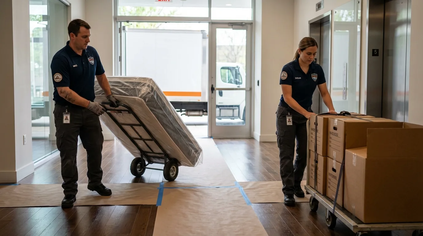 Professional apartment movers loading elevator in Grand Blanc, MI
