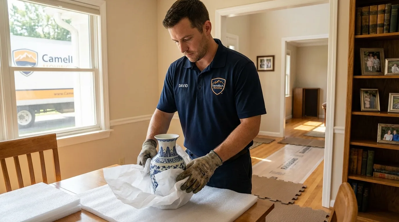 Professional crew carefully wrapping antique vase for senior downsizing move in Grand Blanc, MI